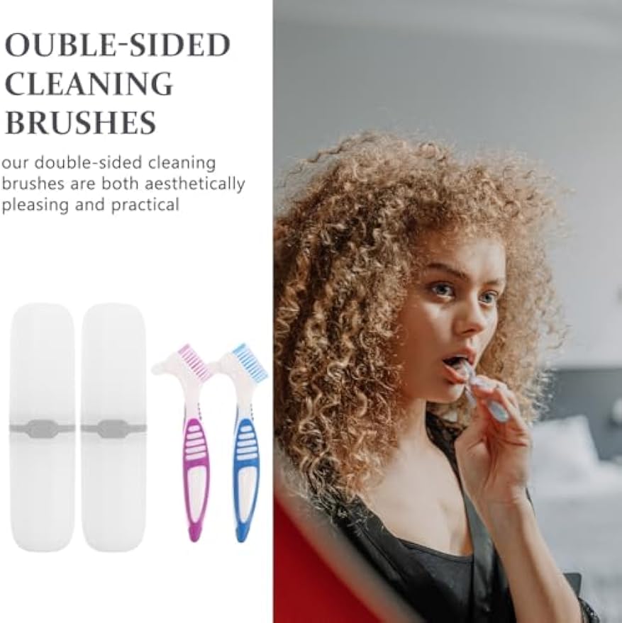 Healeved Denture Brush Set with Travel Case Double-Sided False Teeth Toothbrush Compact Storage Box for Oral Care Portable 6.3X2X0.8 Inches