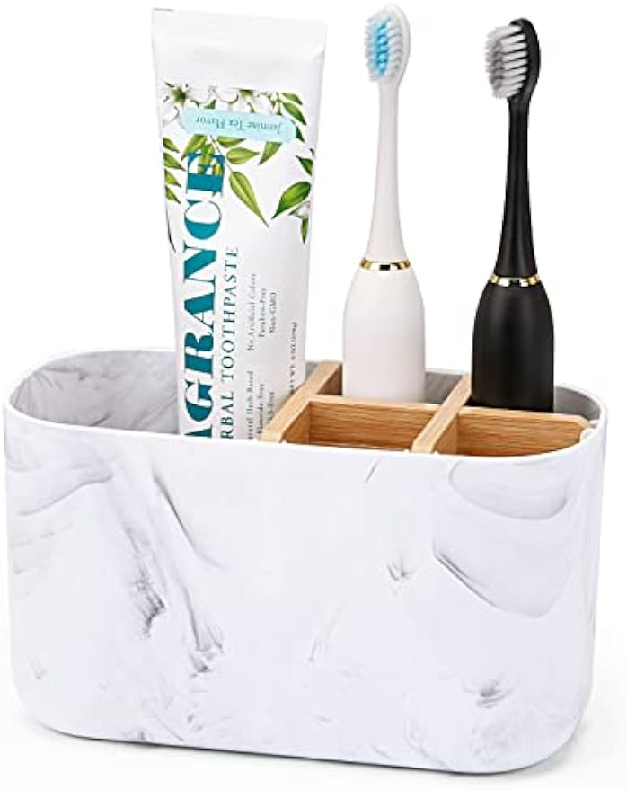 GFWARE Toothbrush Holders for Bathrooms, 5 Slots Bamboo Toothbrush Holder Kids Electric Toothbrush Holder and Toothpaste Holder for Bathroom Countertop Accessories Storage, Marble Toothbrush Organizer | 5 Slots Kids Electric Toothbrush and Toothpaste Hold