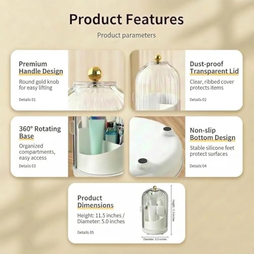360° Rotating Toothbrush Holder with Cover - Dustproof Bathroom Countertop Organizer for Manual Toothbrushes & Razors - Spinning Vanity Makeup Brush Storage with Sliding Lid (White/Clear)