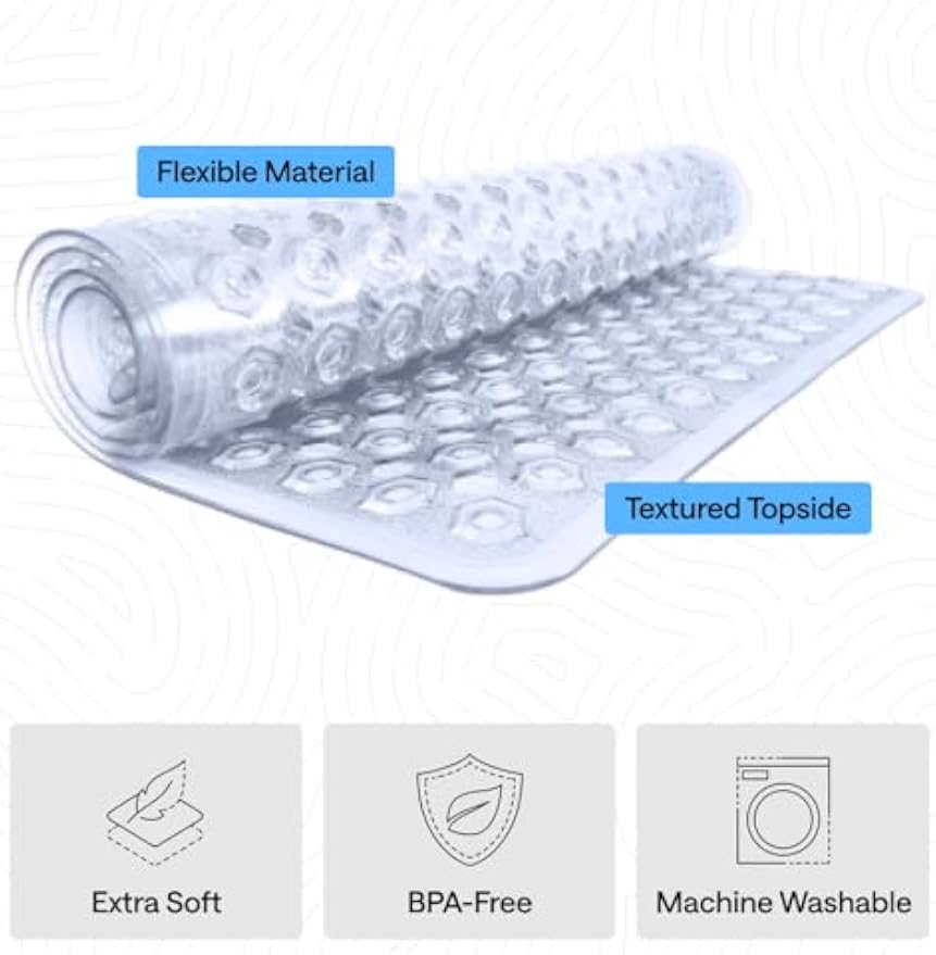 GORILLA GRIP Bath Tub Shower Mat, Bathtub Floor Liner, 35x16 Clear | Patented Large Mats, Machine Washable, Suction Cups and Drain Holes to Keep Tubs Clean, Soft on Feet, Bathroom Essentials