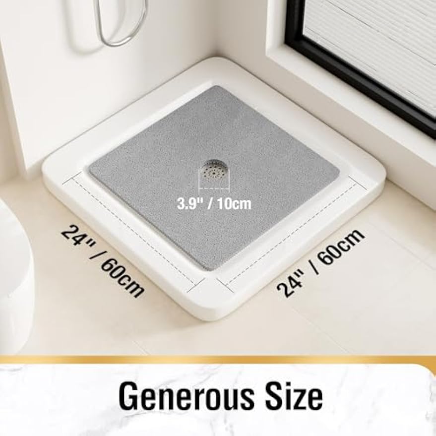 HITSLAM Square Shower Mat, 24 x 24 Inch Non Slip Bath Mat for Tub, Soft PVC Loofah Bathtub Mats with Drain Holes, Quick Drying Bathroom Stall Floor Mat, Bathroom Accessories Without Suction Cup, Grey