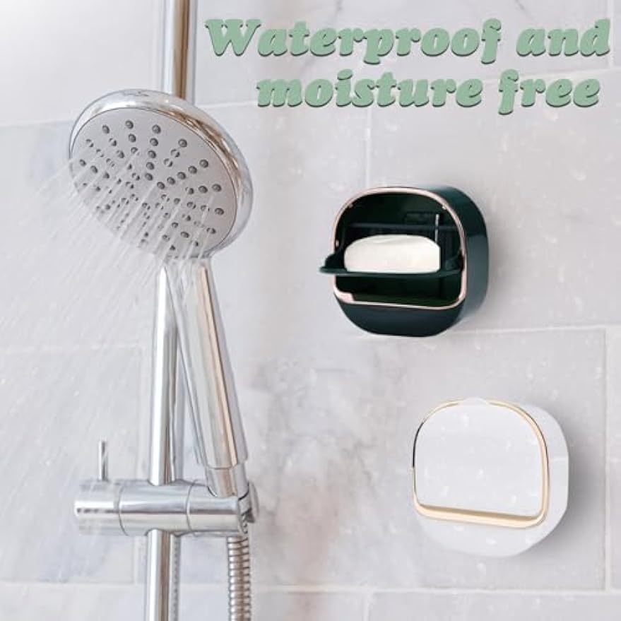 ASTIMESA 2 Packs Waterproof Wall-Mounted Soap Dishes Box, Adhesive Plastic Soap Holder with Drain Lid Tray for Bar Bathroom Shower Keep Dry Flip Self Draining White & Dark Blue