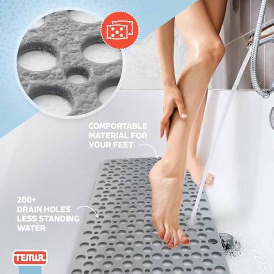 TEMIR Non Slip Bathtub Mat for Shower — Anti Skid Safety Mat with Strong Suction Cups, Quick Drain Holes, Machine Washable, Soft Bathroom Mat for Elderly & Kids, 30x17 in (75x43 cm) Gray