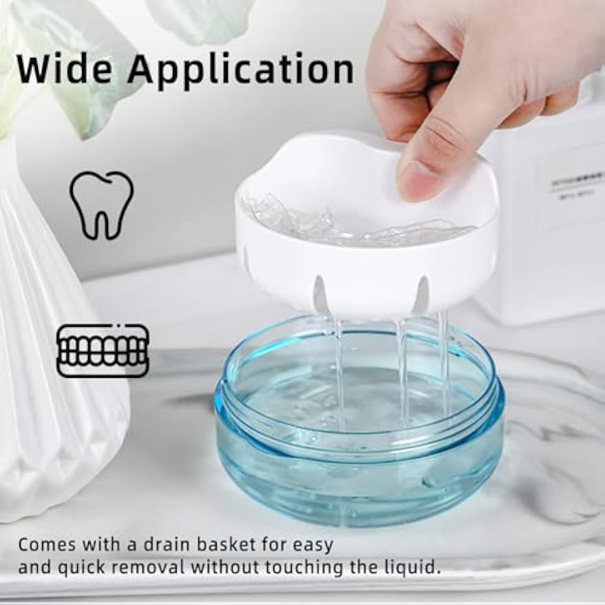 OB05 Leak Proof Denture Cup Kit Portable Retainer Case Perfect for Travel, Denture Case Container Cleaning Care for Dentures Aligner Mouth Guard with Denture Brush,Strainer, Removal Tool and Mirror