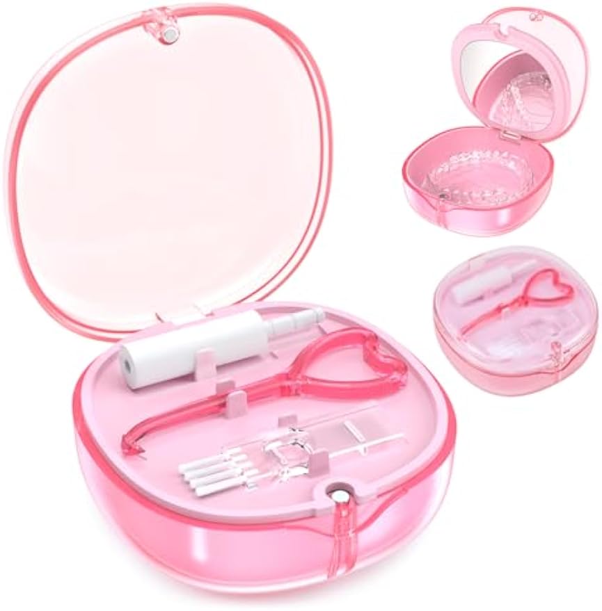 Pink Aligner and Retainer Case Double-layer Cute Slim Braces Night Mouth Guard Case with Remover Tool, Chew and Cleaning Brush, Built in Mirror Orthodontic Dental Retainer Container