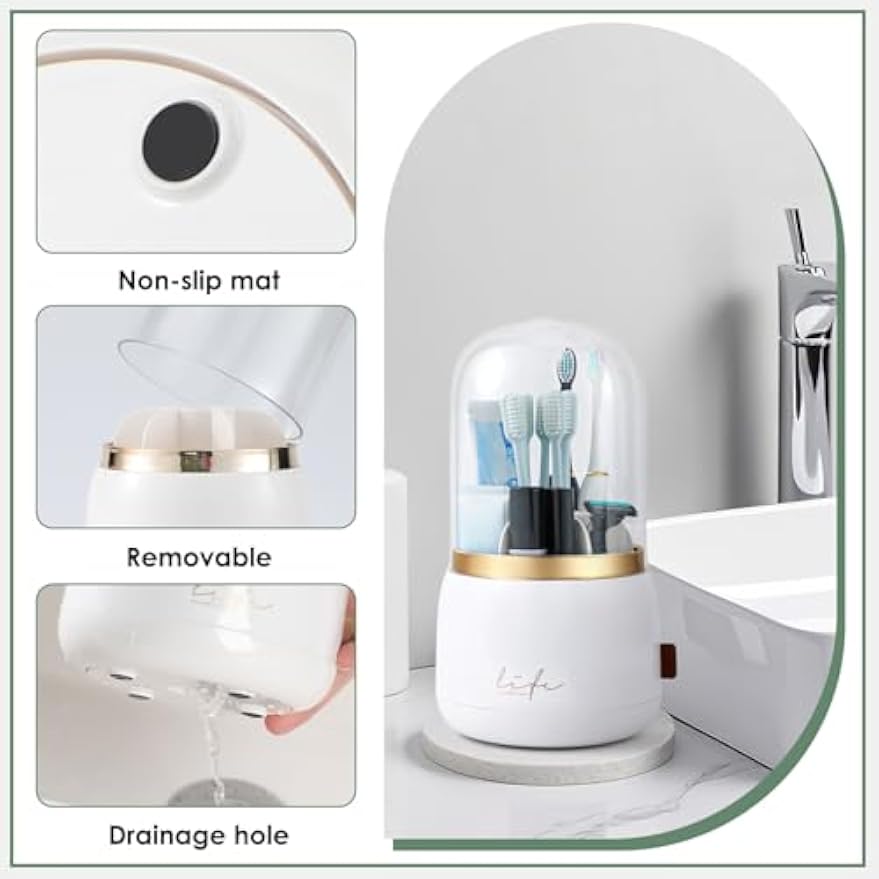 Toothbrush Holders, Toothbrush Holders for Bathrooms, Makeup Brush Holder | Toothbrush and Toothpaste Holder, Rotatable Toothbrush Holder with Transparent Dust Cover, Multi Drainage Vent Holes
