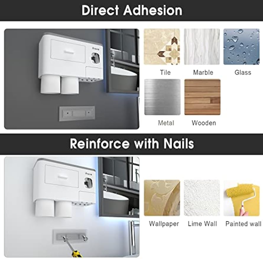 iHave Toothbrush Holders Wall Mounted with Toothpaste Dispenser & 2 Cups | All-in-One Bathroom Organizer: 2 Cups, 6 Slots, Toothpaste Dispenser, Large Tray & Drawer. Wall Mount, No Drilling Required