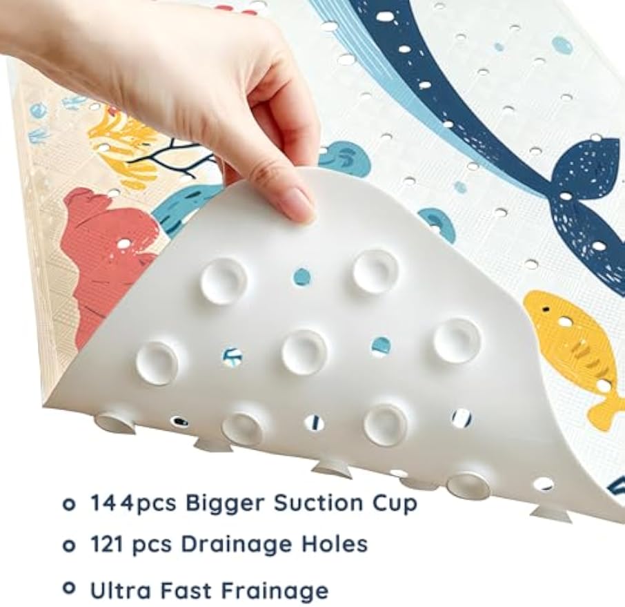 LNOND Bath Mat for Tub for Kids, Toddler Bathtub mat Non Slip, Whales and Coral Kids Bath Mats for Bathroom Non Slip with Drain Holes and Suction Cups,Machine Washable (40 X 16 Inch)