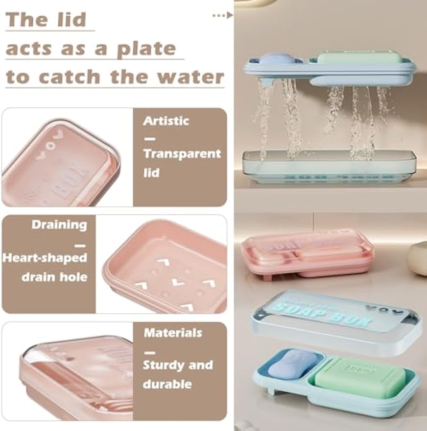 AIDIMMING Large Countertop Double Soap Dish with Lid, 2-Compartment Self Draining Soap Holder for Shower, Sink & Bathtub, 7.9 x 4.3 in Holder for Shampoo Bars and Bath Soap Bars, Light Blue