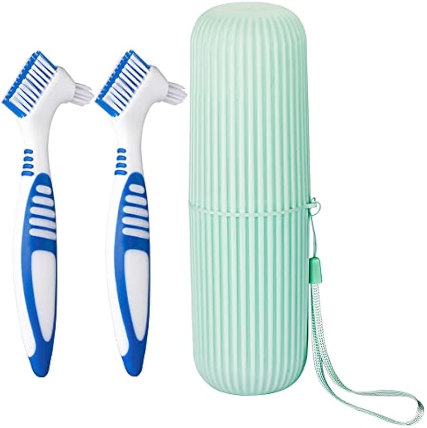 Anbbas 2pcs Denture Brush with Portable Toothbrush Cup for Oral Appliance | Double Bristle Dental Cleaning Care Brush