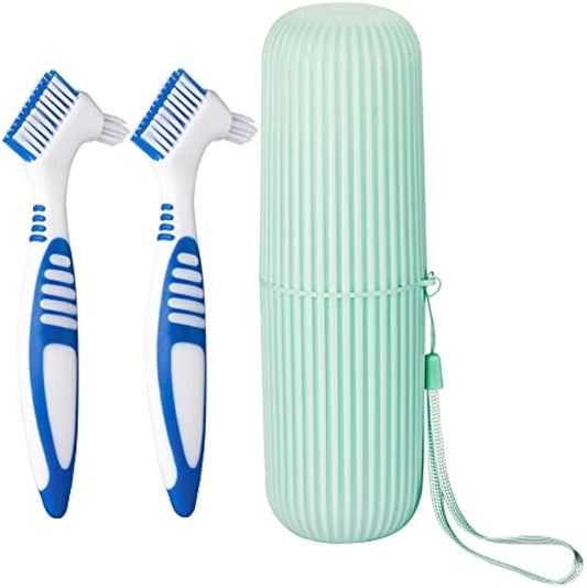 Anbbas 2pcs Denture Brush with Portable Toothbrush Cup for Oral Appliance | Double Bristle Dental Cleaning Care Brush