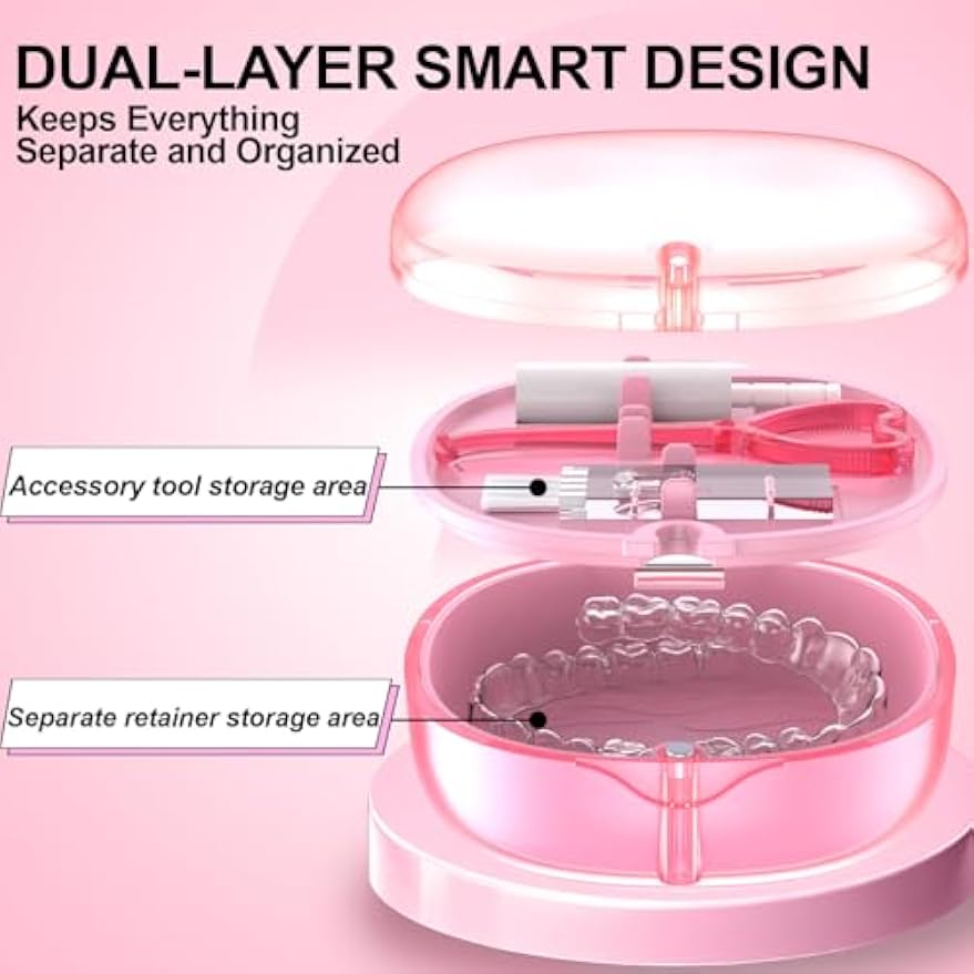 Pink Aligner and Retainer Case Double-layer Cute Slim Braces Night Mouth Guard Case with Remover Tool, Chew and Cleaning Brush, Built in Mirror Orthodontic Dental Retainer Container