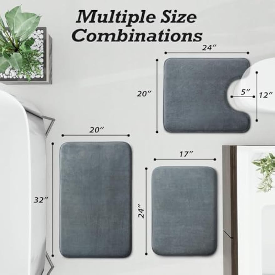 HUXMEYSON Bathroom Rugs Sets 3 Piece, Non-Slip & Quick Dry Bath Mat Set, Ultra Soft Velvet Bath Rugs for Bathroom, Toilet and Shower Floor, Grey