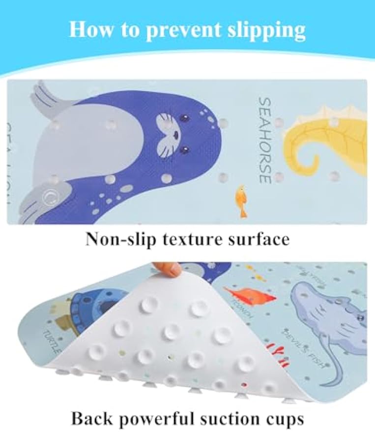 Secopad Bathtub Mat Non Slip, Cute Tub Mat, 40" x 16", Blue Sea Animals | Rectangular, Anti-Slip, Machine Washable, with Drain Holes and Suction Cups,For Bathtub and Shower Floor, for Toddler & Kids
