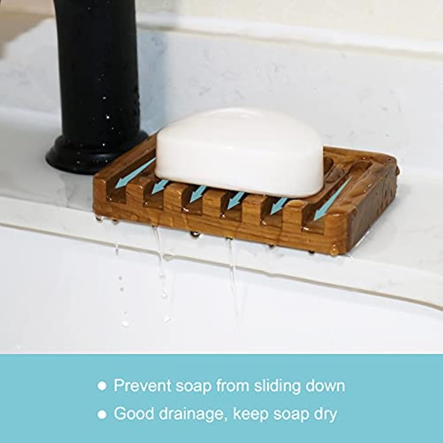 HTB Soap Dish with Slanted Waterfall Design,Teak Wood Bar Soap Holder | Soap Saver Keep Soap Bar Dry,Extend Soap Life,Non-slip Soap Tray for Shower,Bathroom,Sink,Kitchen,Countertop,Self Draining