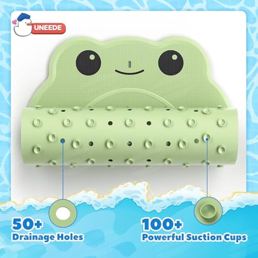 UNEEDE Kids Bathtub Mat Non Slip, Soft Rubber Shower Mat for Toddler | Machine Washable Baby Bath Mat with 100+ suction cups and 50+ Drainage Holes, 30"x18" Cute Frog Design, Baby Bath Essentials