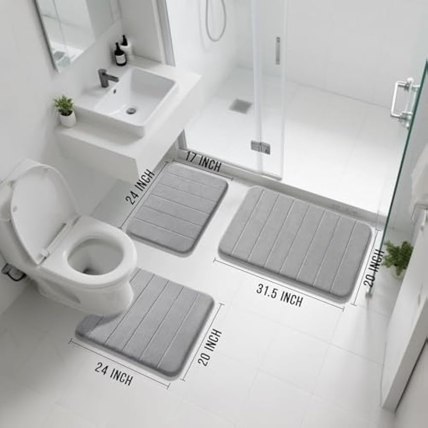 Yimobra Memory Foam Bath Mat Set 3 Pieces- Super Soft Absorbent Quick Dry Bathroom Rug Sets, Machine Washable Non Slip Floor Carpet for Tub Shower, Vanity & Toilet Base, Gray
