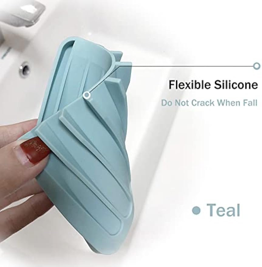 Self Draining Soap Dishes, 3 Pcs Silicone Soap Saver, Waterfall Drainer Soap Holder for Bathroom, Extend Soap Life, Keep Soap Bars Dry Clean & Easy Cleaning (White, Gray, Teal)