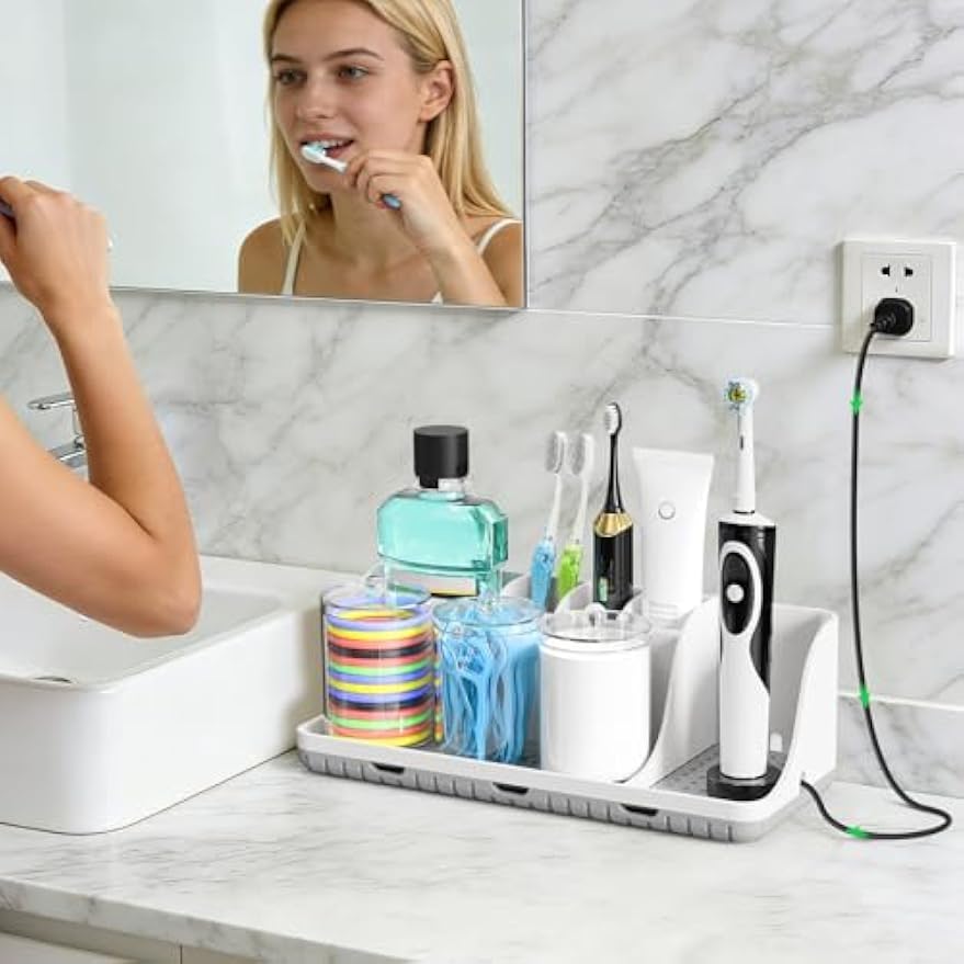 Bathroom Counter Organizers and Storage with 3 PCS Qtip Holder (White) | Easy To Clean, Drainage, Non-Slip, Detachable, 6 Slots Toothbrush Holders for Bathrooms