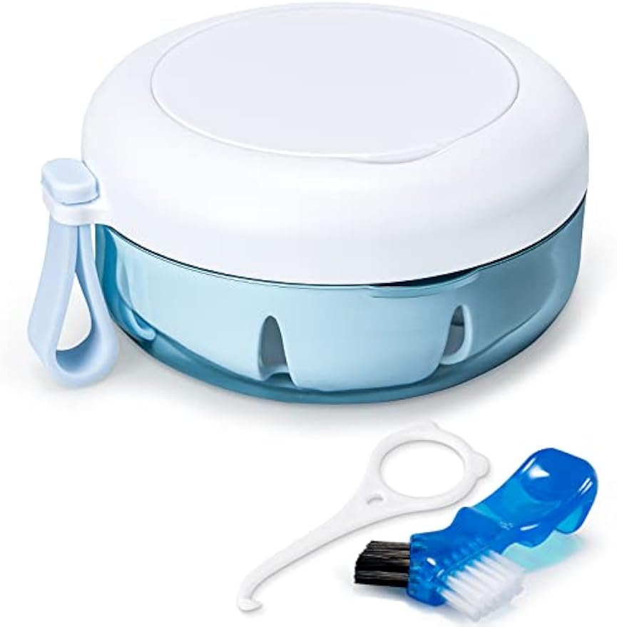 OB05 Leak Proof Denture Cup Kit Portable Retainer Case Perfect for Travel, Denture Case Container Cleaning Care for Dentures Aligner Mouth Guard with Denture Brush,Strainer, Removal Tool and Mirror