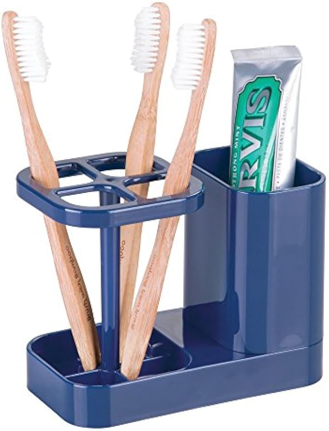 iDesign Toothbrush Holder with Storage Cup, Bathroom Sink Organizer for Toothpaste and Electric Toothbrushes, Blue