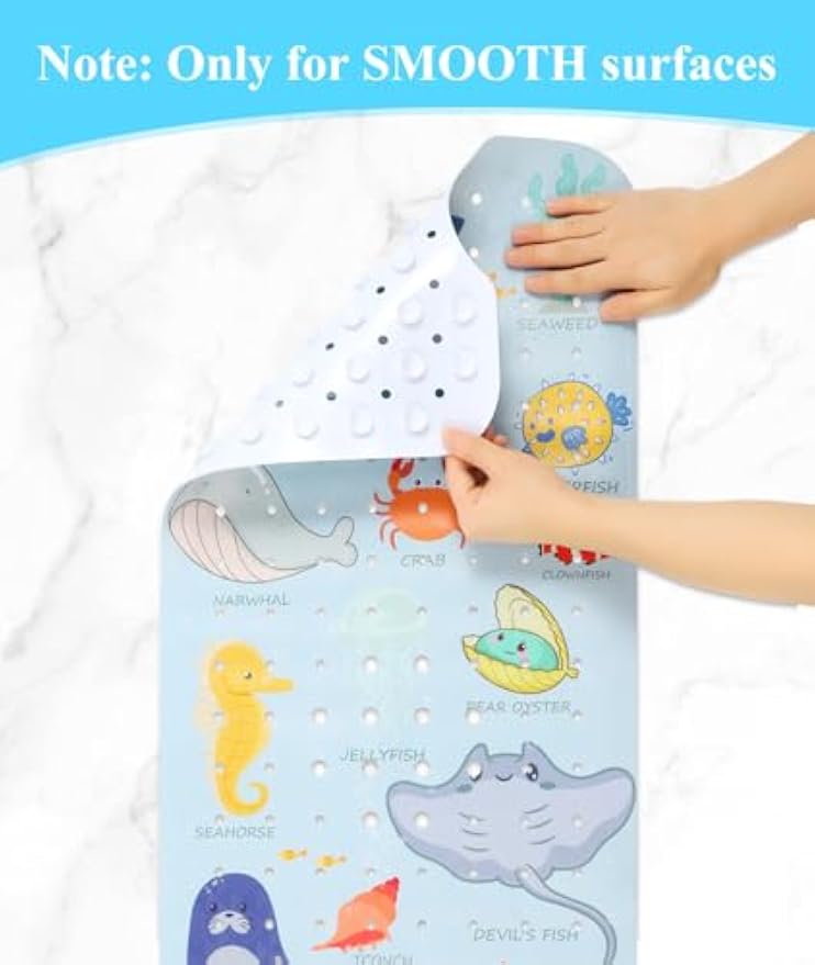 Secopad Bathtub Mat Non Slip, Cute Tub Mat, 40" x 16", Blue Sea Animals | Rectangular, Anti-Slip, Machine Washable, with Drain Holes and Suction Cups,For Bathtub and Shower Floor, for Toddler & Kids