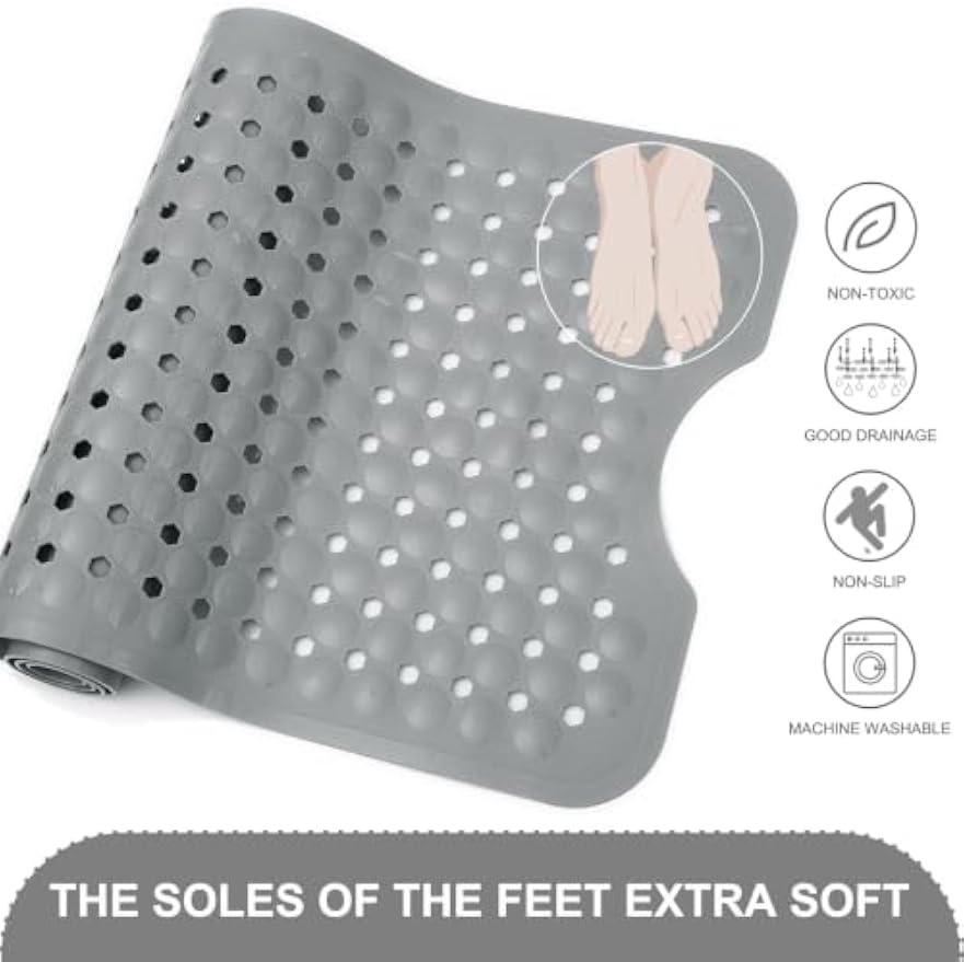 TEESHLY Bath Tub and Shower Mats, Non Slip 40 x 16 Inch Extra Large Bathtub Mat, Machine Washable Bathmat with Drain Holes, Suction Cups for Bathroom Floor, Gray
