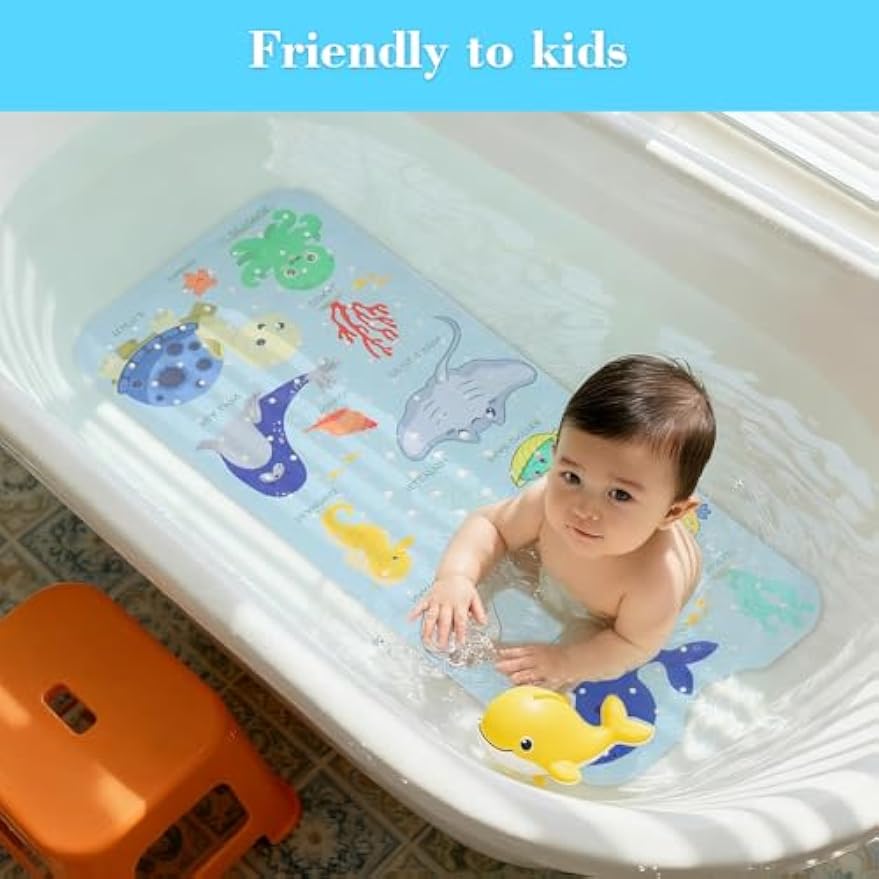 Secopad Bathtub Mat Non Slip, Cute Tub Mat, 40" x 16", Blue Sea Animals | Rectangular, Anti-Slip, Machine Washable, with Drain Holes and Suction Cups,For Bathtub and Shower Floor, for Toddler & Kids