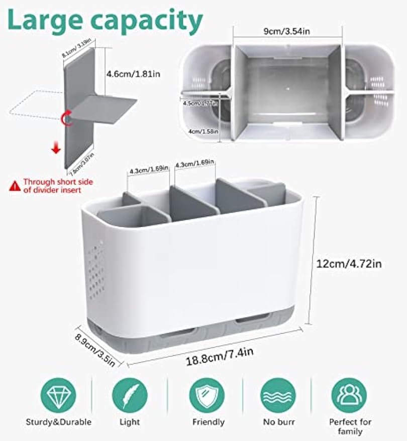 Boperzi Toothbrush and Toothpaste Holder Drainage for Bathroom Countertop with Adjustable Dividers, Large Toothpaste Caddy Organizer Storage Rustic Decor Set Anti-Slip for Shower,Family,Kids Gray