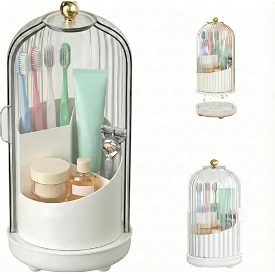 360° Rotating Toothbrush Holder with Cover - Dustproof Bathroom Countertop Organizer for Manual Toothbrushes & Razors - Spinning Vanity Makeup Brush Storage with Sliding Lid (White/Clear)