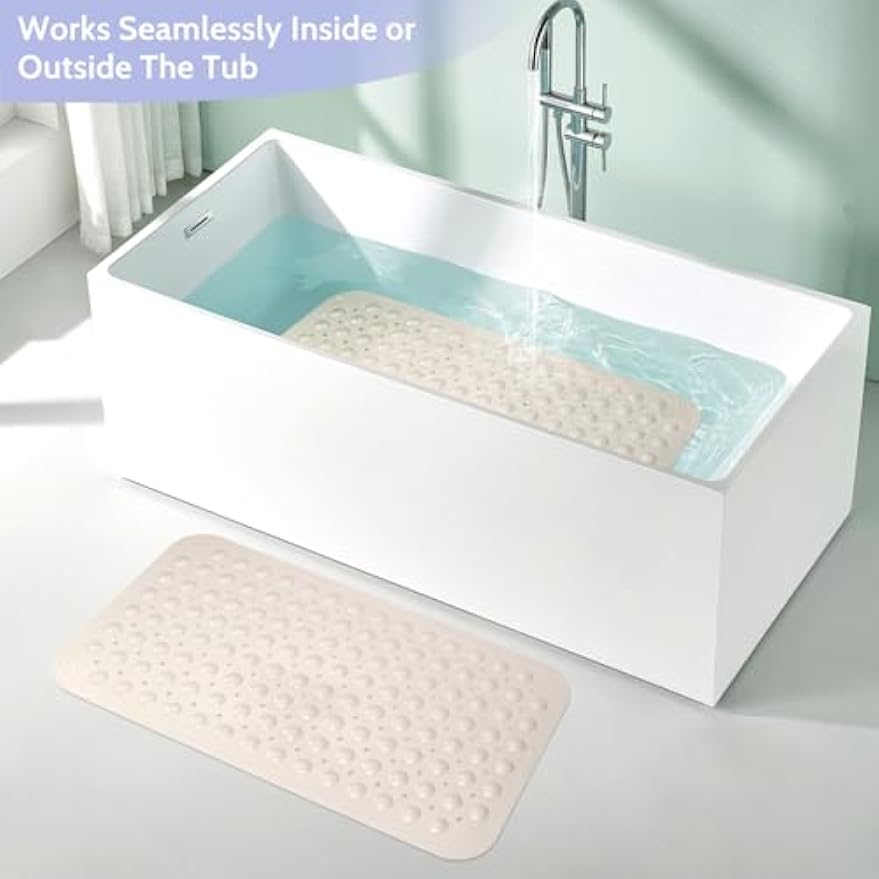 Non Slip Shower Mats for Inside Shower 15 x 27.5 Inch, TPE Bathtub Mat Non-Slip, Bath Mat for Tub with Suction Cups, Drain Holes Bath Tub Mat for Bathroom (Beige)