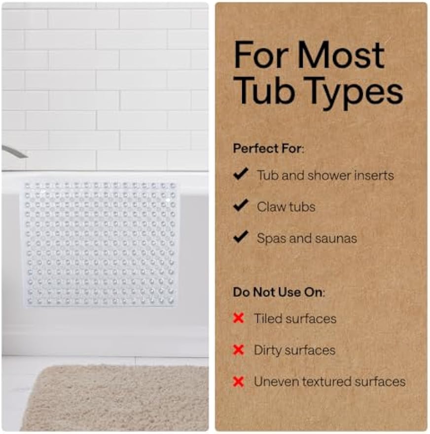 GORILLA GRIP Bath Tub Shower Mat, Bathtub Floor Liner, 35x16 Clear | Patented Large Mats, Machine Washable, Suction Cups and Drain Holes to Keep Tubs Clean, Soft on Feet, Bathroom Essentials