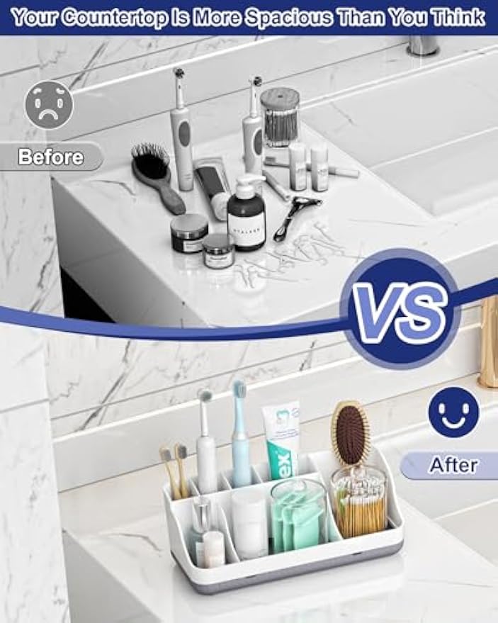 Bathroom Counter Organizer and Storage with 2 Pack Qtip Holder Dispenser, 7 Slots Detachable Toothbrush Holders for Bathrooms, Anti-Slip Electric Toothbrush and Toothpaste Holder Countertop