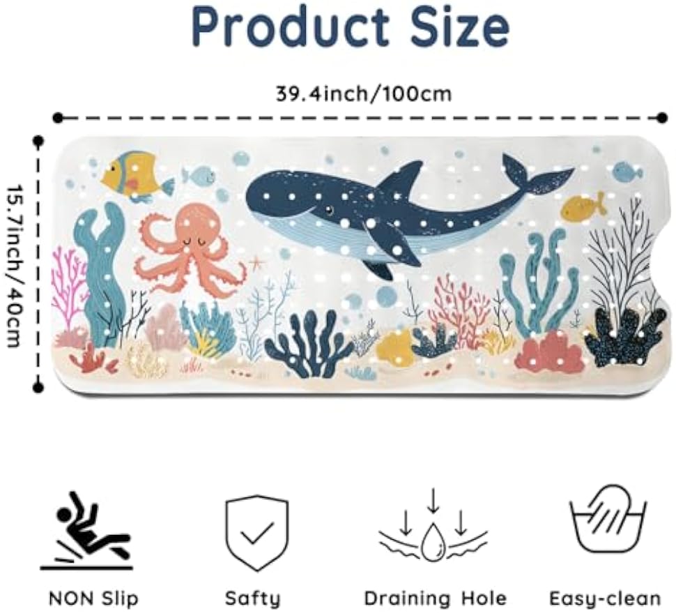 LNOND Bath Mat for Tub for Kids, Toddler Bathtub mat Non Slip, Whales and Coral Kids Bath Mats for Bathroom Non Slip with Drain Holes and Suction Cups,Machine Washable (40 X 16 Inch)