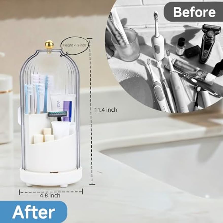 Toothbrush Organizer with Cover,3 Slots for Bathroom Toothbrush Holders with Lid,Dustproof Design,Rotating Holder,Ideal Makeup Brushes Holder for Bathroom Countertop Organization and Storage
