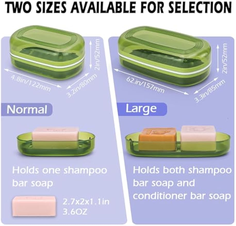 AIDIMMING Shampoo Bar Holder & Large Travel Soap Case with Drain Tray | Shampoo bar travel case for shampoo and conditioner bars set or one 10 oz soap bar, with a removable drain tray (Green)
