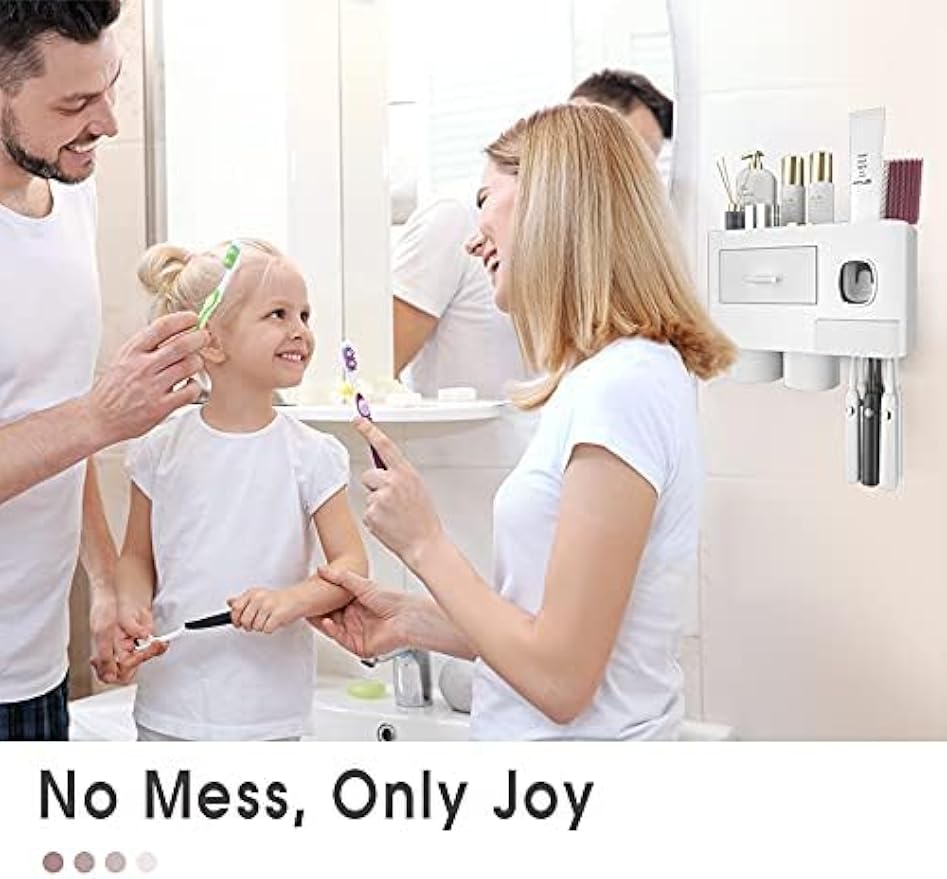 iHave Toothbrush Holders Wall Mounted with Toothpaste Dispenser & 2 Cups | All-in-One Bathroom Organizer: 2 Cups, 6 Slots, Toothpaste Dispenser, Large Tray & Drawer. Wall Mount, No Drilling Required