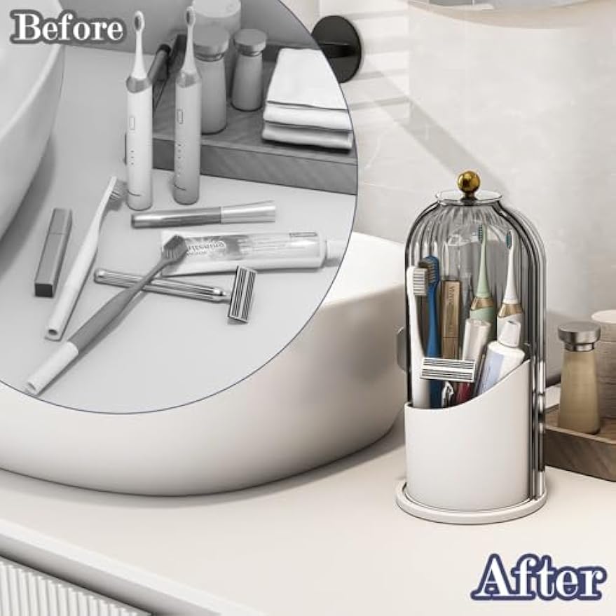 Waterproof Toothbrush Holder with 180° Rotating Cover, Grey White | Dustproof, 360° Rotating Base, Smooth Sliding Lid, Toothpaste Holder, 3 Slots, for Bathroom Countertop