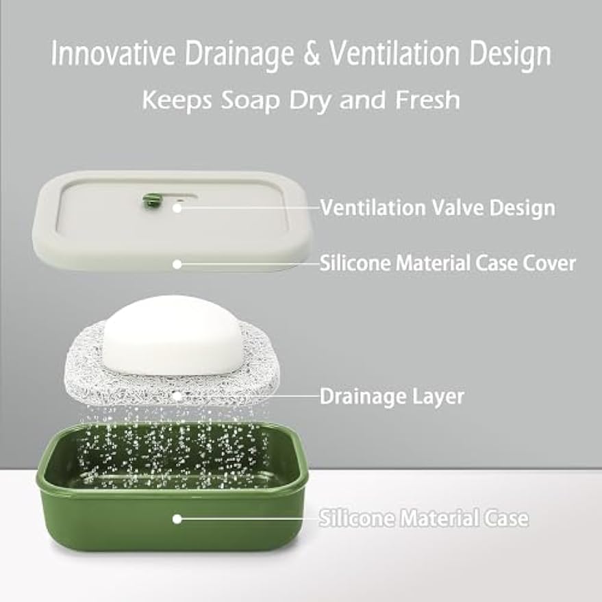 AIDIMMING Large Shampoo Bar Travel Case, Silicone Travel Soap Case, Green | Travel soap container for shampoo & conditioner bars; closeable vent, raised drain tray, fits one large bar, gym camping