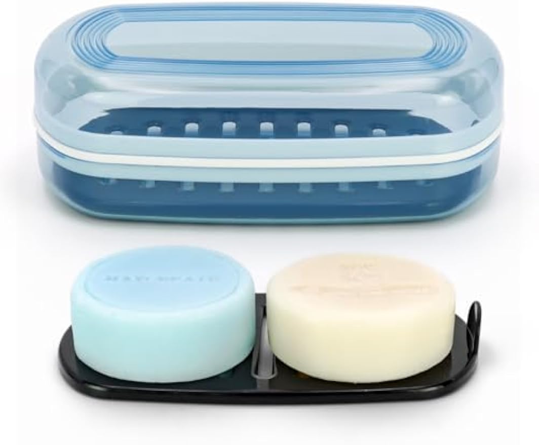 OZNER Clear Travel Soap Case Compatible with Kitsch - Leak-Proof Multi-Use Soap Holder with Draining Layer for Shampoo Bars, Conditioner Bars & Soap (Blue,1 Pack)