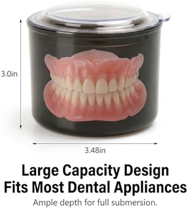 Denture Case with Strainer Basket & Brush, Denture Bath Cup for Full & Partial Dentures, Retainer & Mouth Guard Storage, Denture Soaking Container, Dental Bath Holder -Black