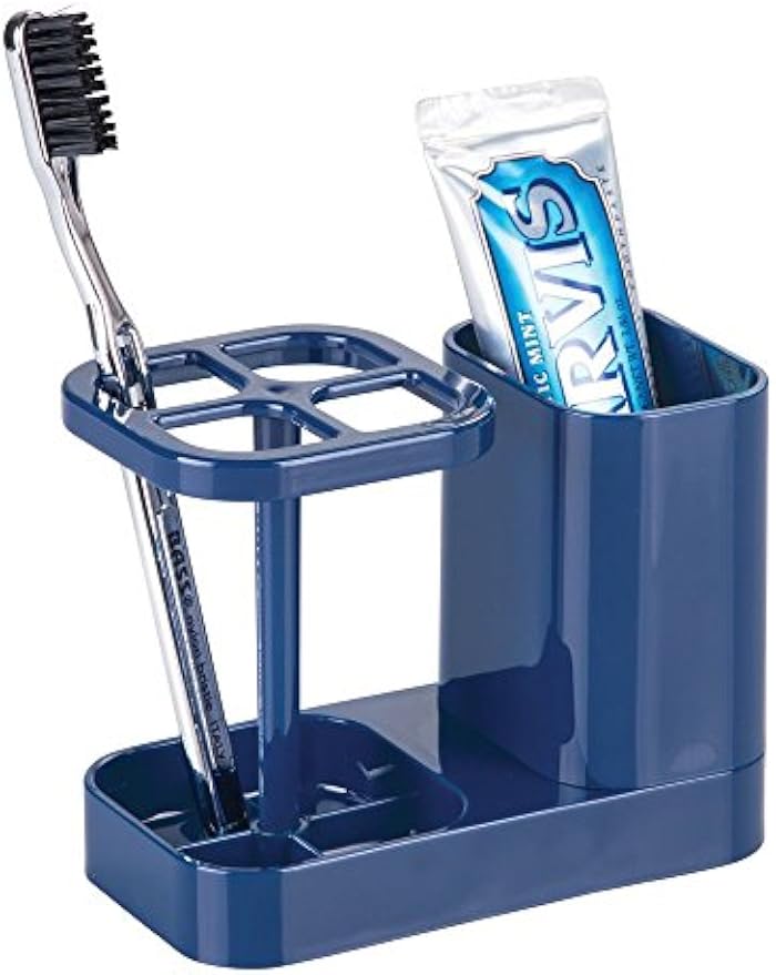 iDesign Toothbrush Holder with Storage Cup, Bathroom Sink Organizer for Toothpaste and Electric Toothbrushes, Blue