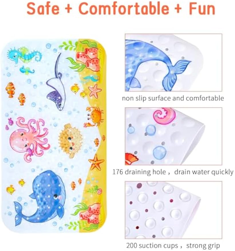 Secopad Bathtub Mat Non Slip, Cute Bath Tub Mat, 27.5" x 15", Pink Octopus | Rectangular, Anti-Slip, Machine Washable, with Drain Holes and Suction Cups,For Bathtub and Shower Floor, for Toddler & Kids