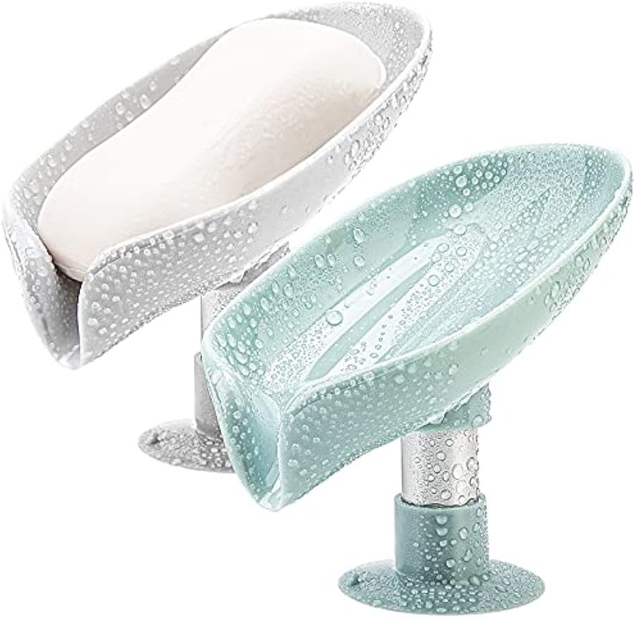 2 Pack Soap Holder Leaf-Shape Self Draining Soap Dish Holder, Not Punched Easy Clean Bar Soap Holder, with Suction Cup Soap Dish Suitable for Shower, Bathroom, Kitchen Sink (Grey + Green)