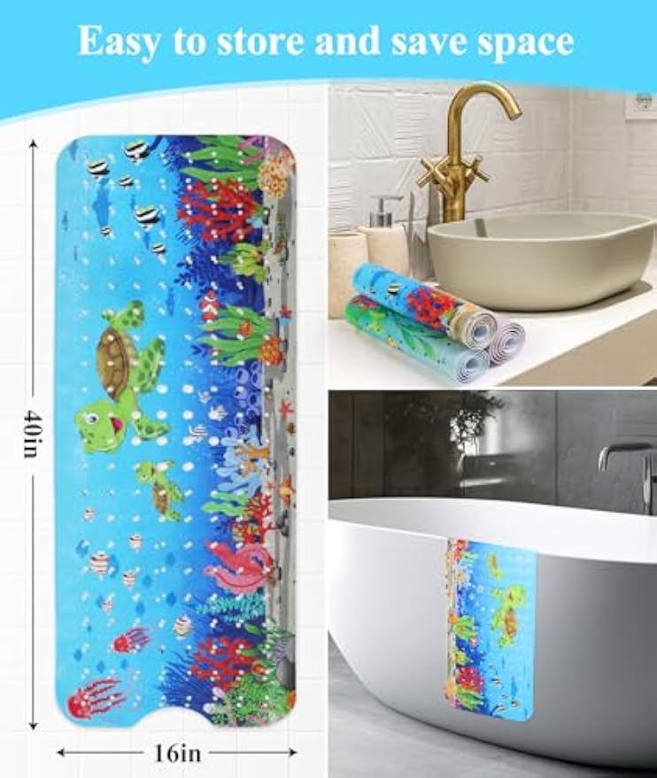 Secopad Bathtub Mat Non Slip, Cute Tub Mat, 40" x 16", Turtles | Rectangular, Anti-Slip, Machine Washable, with Drain Holes and Suction Cups,For Bathtub and Shower Floor, for Toddler & Kids