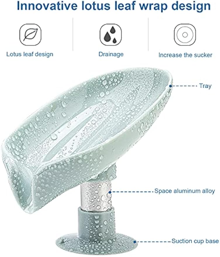2 Pack Soap Holder Leaf-Shape Self Draining Soap Dish Holder, Not Punched Easy Clean Bar Soap Holder, with Suction Cup Soap Dish Suitable for Shower, Bathroom, Kitchen Sink (Grey + Green)
