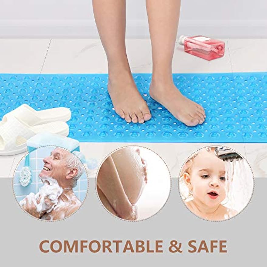 Upgrade Baby Bath Mat Non Slip Extra Long Bathtub Mat for Kids 40 X 16 Inch - Eco Friendly Bath Tub Mat with 200 Big Suction Cups,Machine Washable Shower Mat,Blue