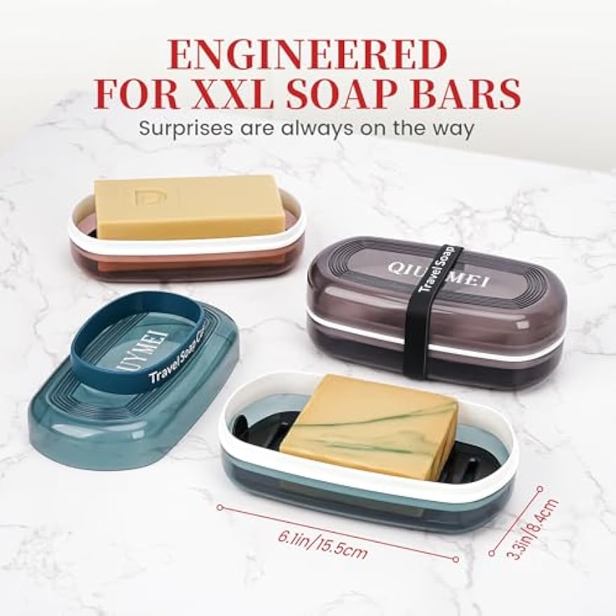 Shampoo Bar Holder and Soap Case | Leakproof Travel Container with Lid & Drain Tray | Includes Silicone Strap and Mesh Soap Bag | for Bathroom, Shower, Camping, Gym Travel (Red, Large)