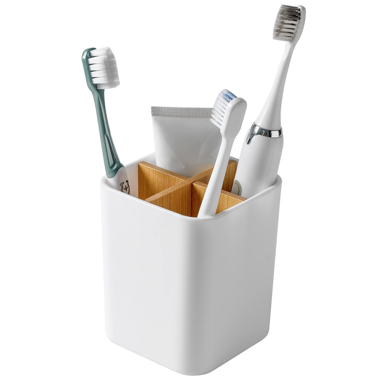 Bamboo Toothbrush Holder for Bathrooms Toothpaste Organizer - Black | Detachable Inserts, 3 Slots, Bathroom Counter Organizer, for Kids Electric Toothbrushes, Floss, Razors