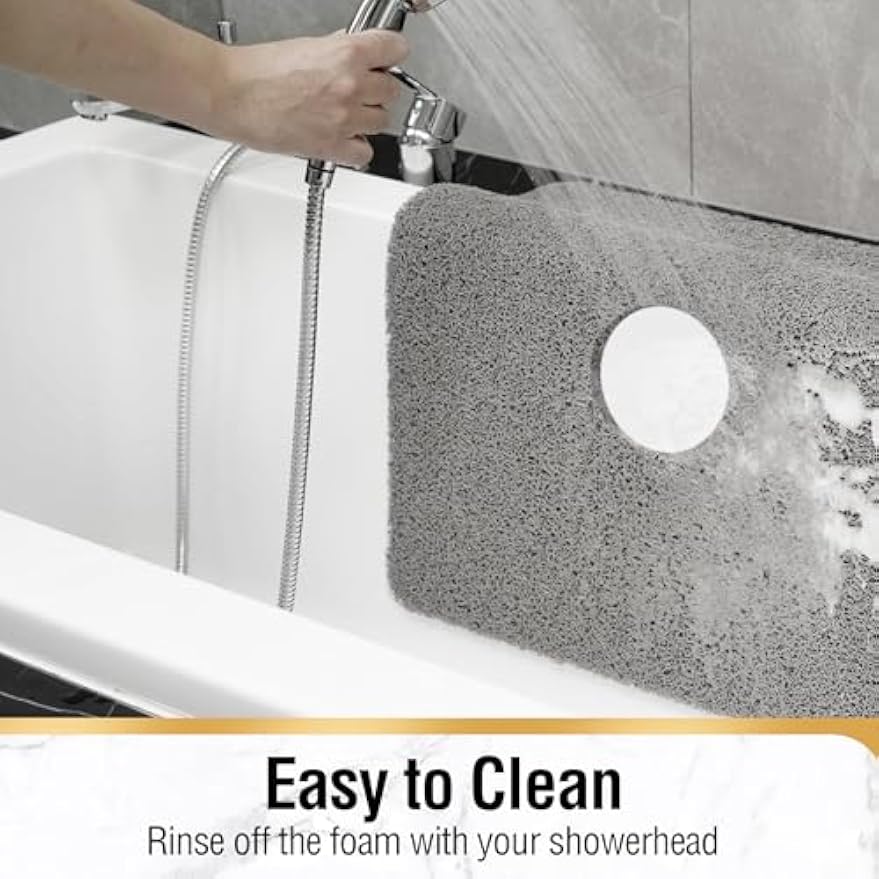 HITSLAM Square Shower Mat, 24 x 24 Inch Non Slip Bath Mat for Tub, Soft PVC Loofah Bathtub Mats with Drain Holes, Quick Drying Bathroom Stall Floor Mat, Bathroom Accessories Without Suction Cup, Grey